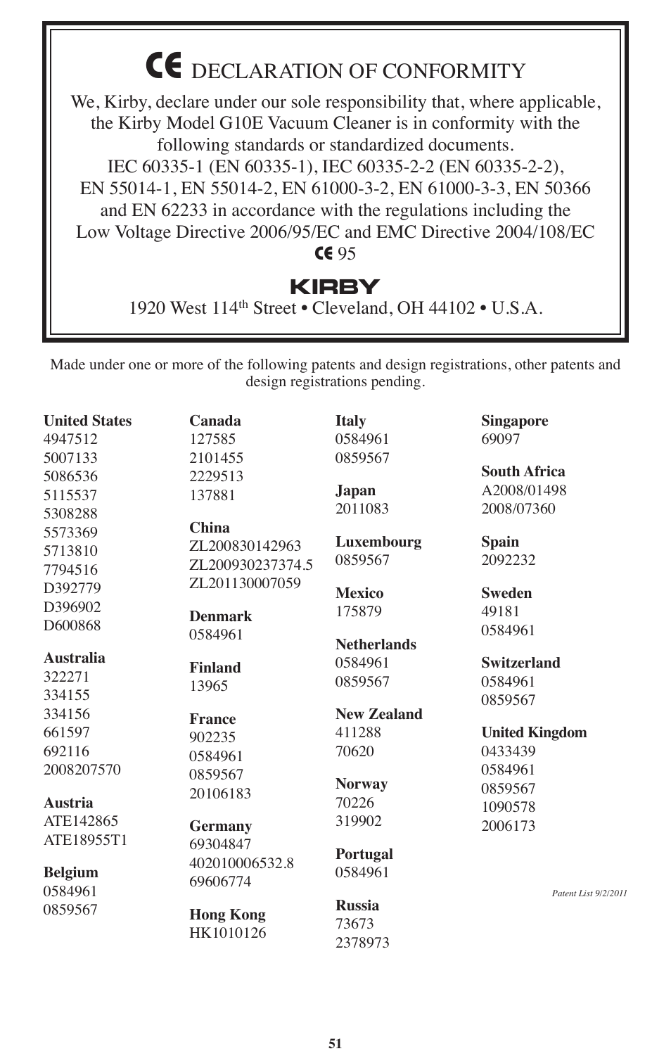 Declaration of conformity | Kirby Sentria User Manual | Page 52 / 58