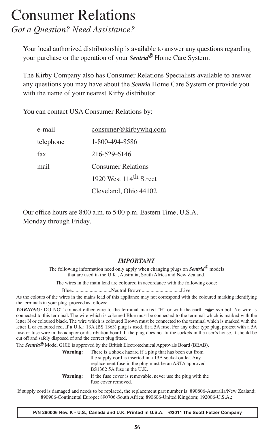 Consumer relations, Got a question? need assistance | Kirby Sentria User Manual | Page 57 / 58