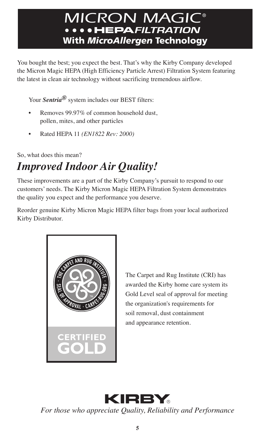 Improved indoor air quality, Kirby, With microallergen technology | Kirby Sentria User Manual | Page 6 / 58