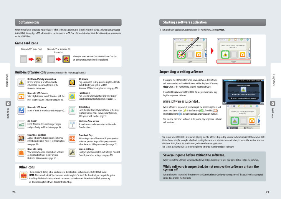 Starting a software application, Suspending or exiting software, While software is suspended | Save your game before exiting the software, Software icons, Game card icons, Built-in software icons, Other icons | Nintendo 3DS User Manual | Page 16 / 52
