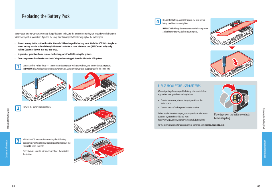Consumer information, Replacing the battery pack | Nintendo 3DS User Manual | Page 43 / 52