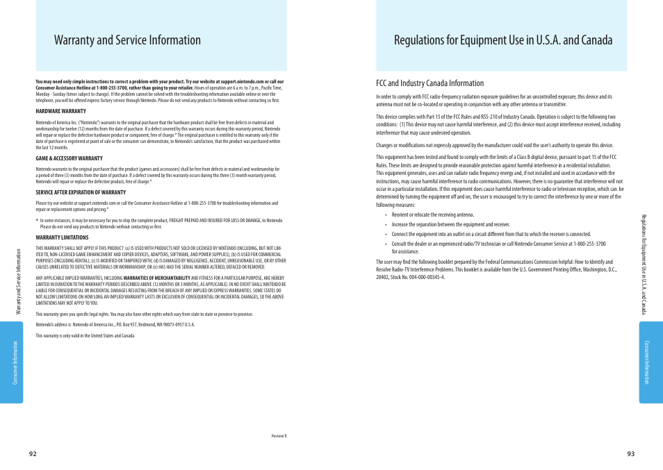 Warranty and service information, Regulations for equipment use in u.s.a. and canada, Fcc and industry canada information | Nintendo 3DS User Manual | Page 48 / 52