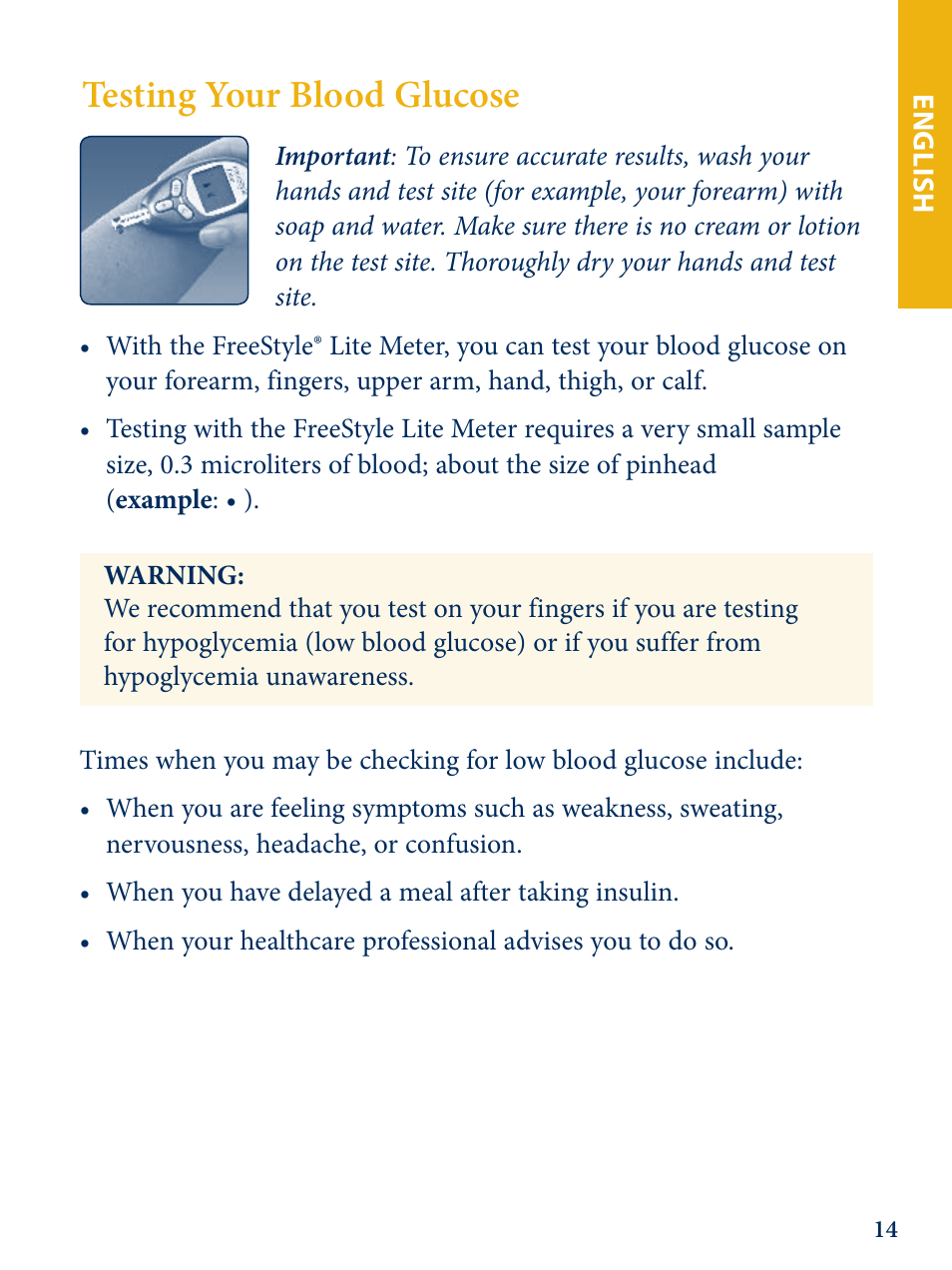 Testing your blood glucose | Abbott Freestyle Lite User Manual | Page 16 / 72