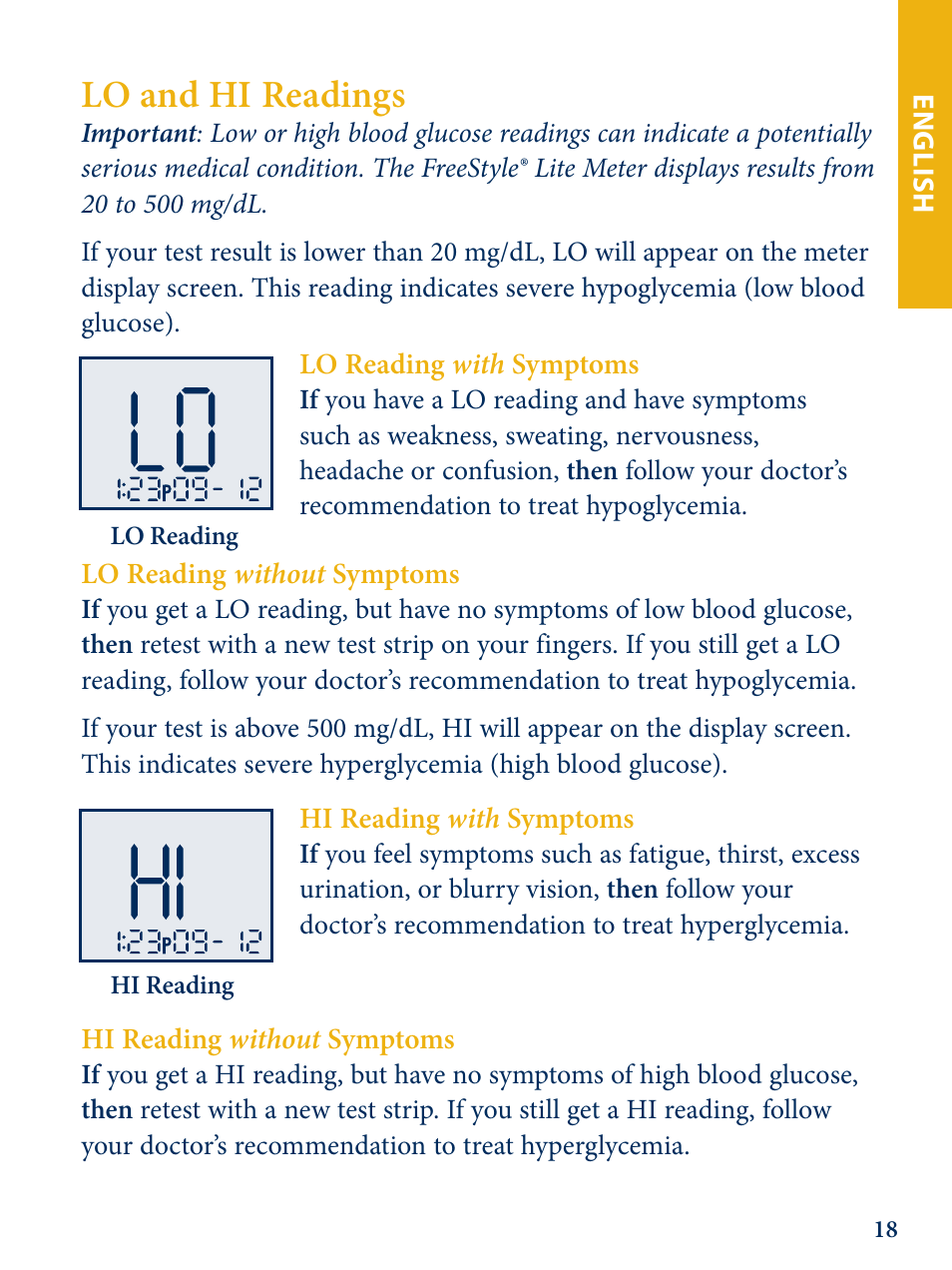 Lo and hi readings | Abbott Freestyle Lite User Manual | Page 20 / 72
