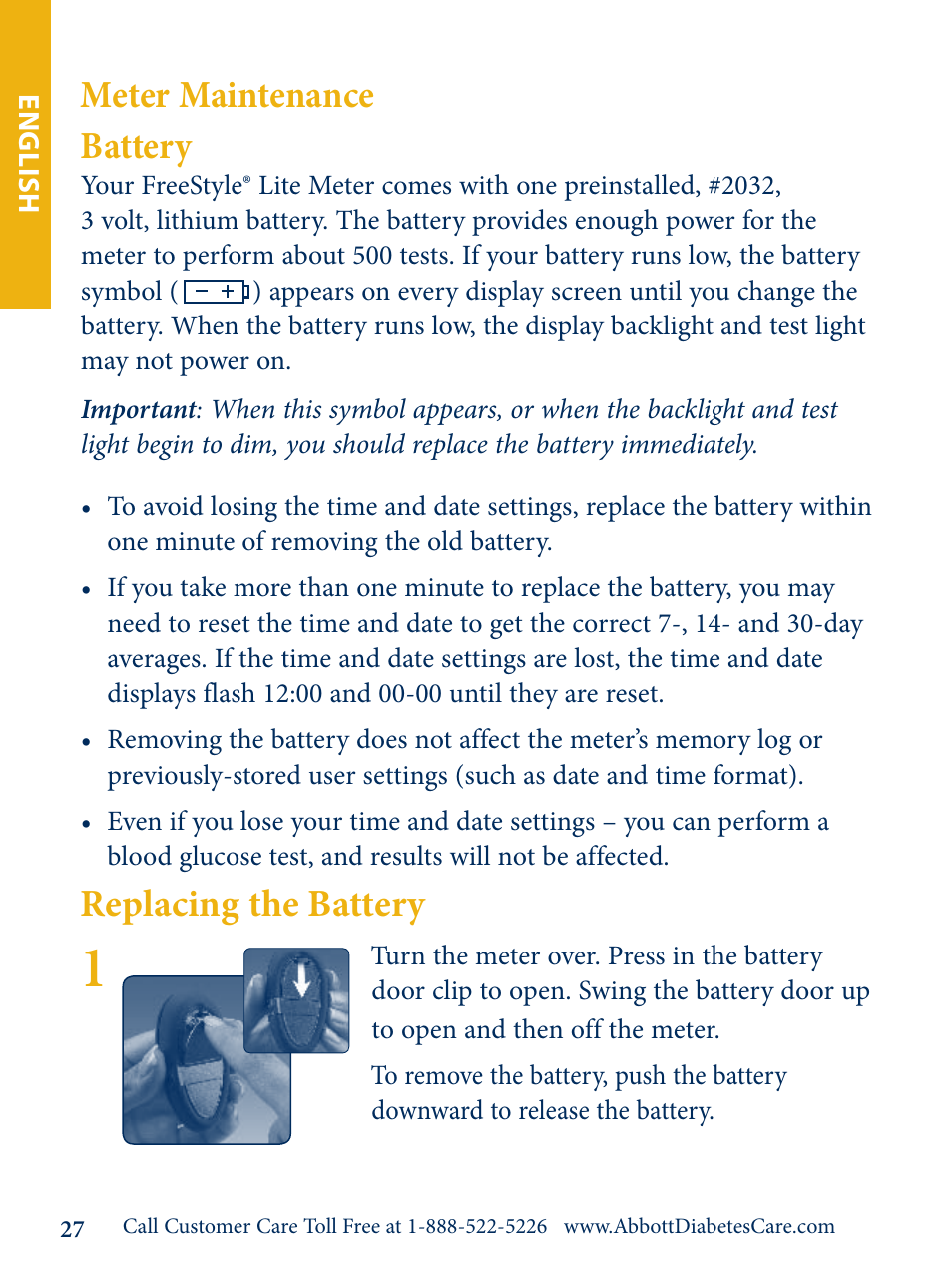 Meter maintenance battery, Replacing the battery | Abbott Freestyle Lite User Manual | Page 29 / 72
