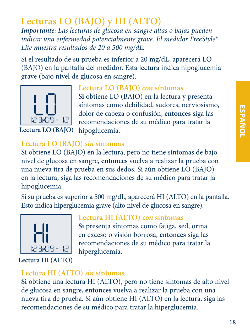 Lecturas lo (bajo) y hi (alto) | Abbott Freestyle Lite User Manual | Page 56 / 72