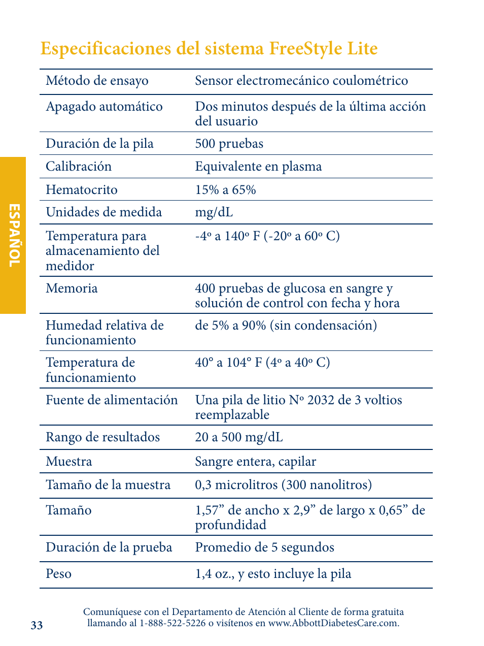 Especificaciones del sistema freestyle lite | Abbott Freestyle Lite User Manual | Page 71 / 72