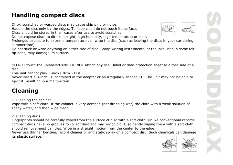 Handling compact discs, Cleaning | SoundMax SM-CDM1035 User Manual | Page 15 / 33