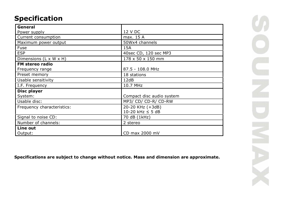 Specification | SoundMax SM-CDM1035 User Manual | Page 17 / 33