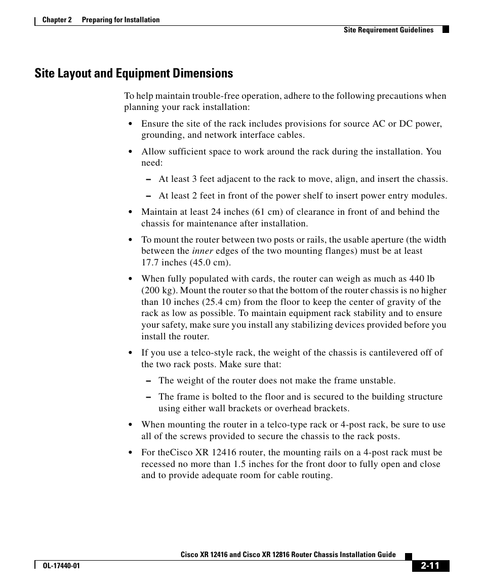 Site layout and equipment dimensions | Cisco XR 12416 User Manual | Page 11 / 34
