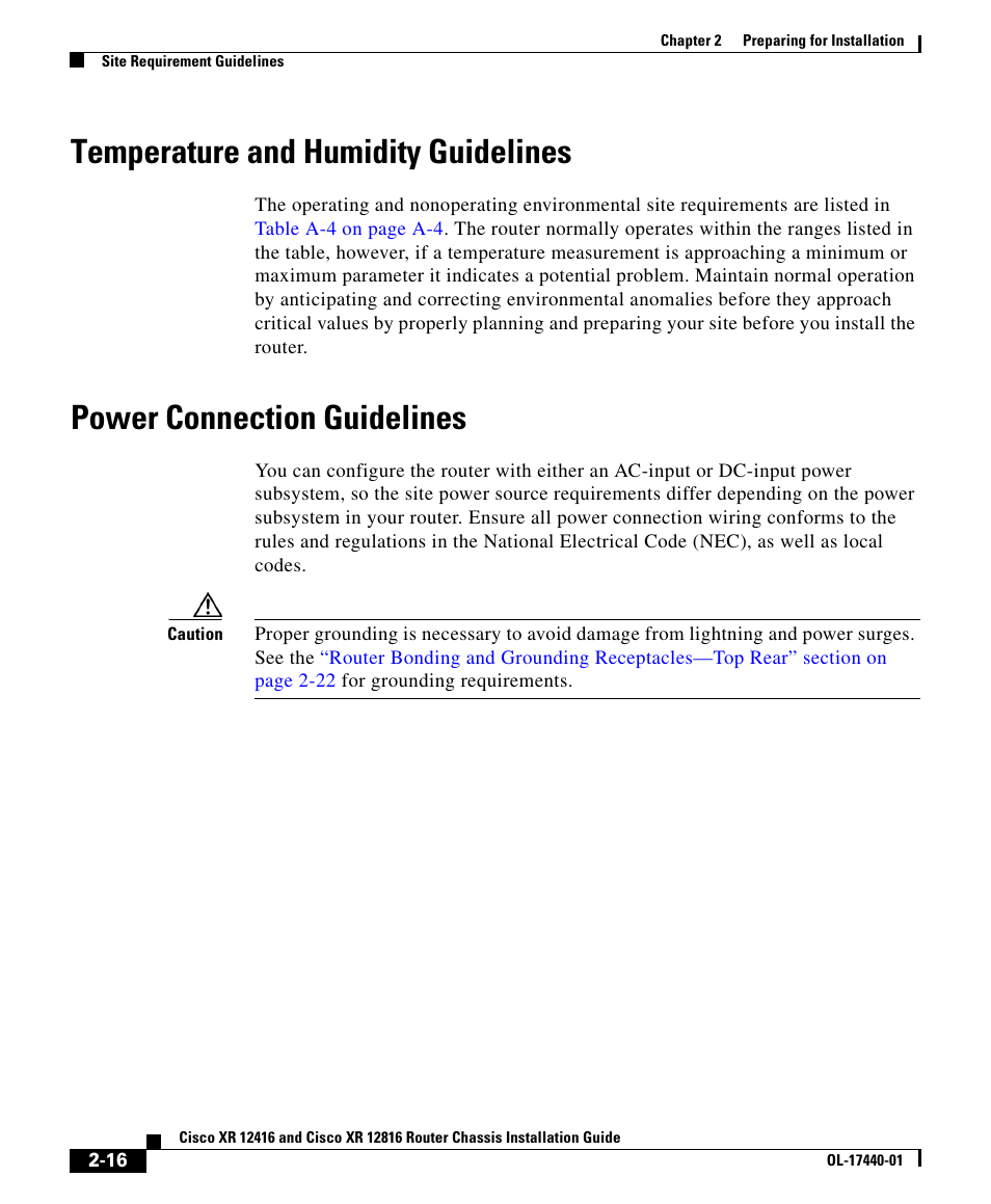 Temperature and humidity guidelines, Power connection guidelines | Cisco XR 12416 User Manual | Page 16 / 34