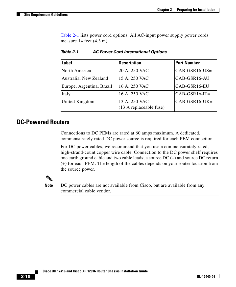 Dc-powered routers | Cisco XR 12416 User Manual | Page 18 / 34