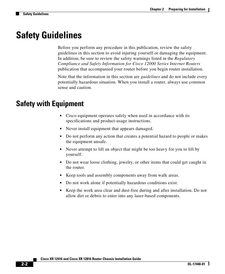 Safety guidelines, Safety with equipment | Cisco XR 12416 User Manual | Page 2 / 34