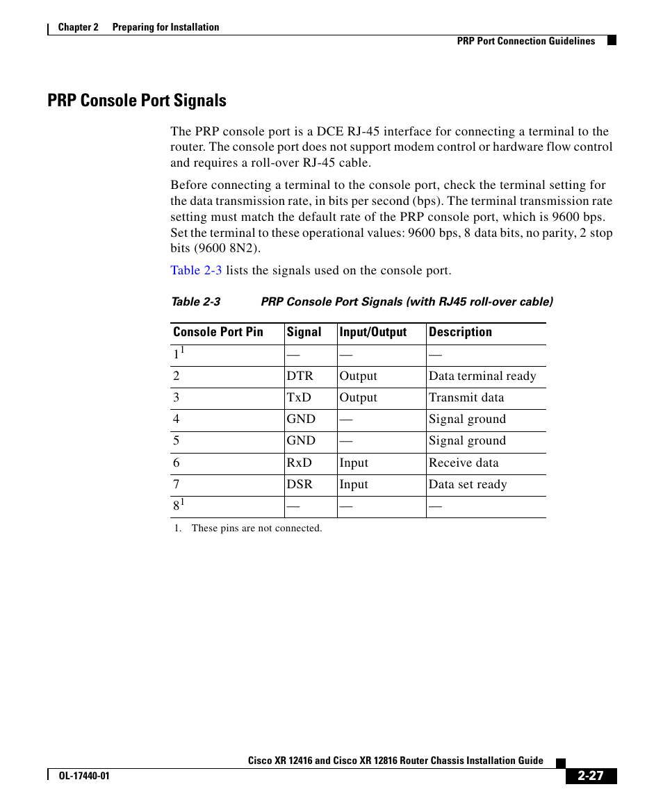 Prp console port signals | Cisco XR 12416 User Manual | Page 27 / 34