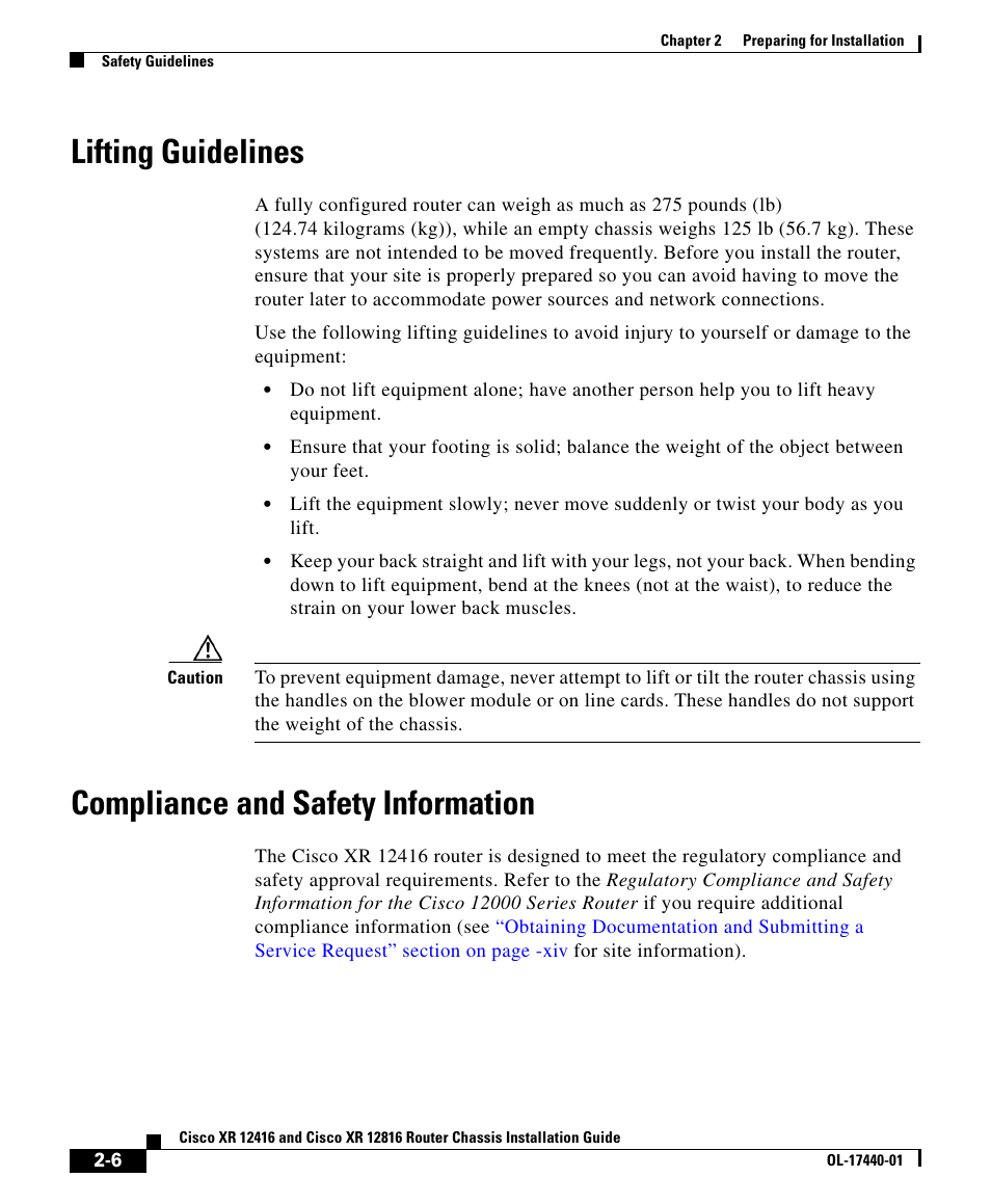 Lifting guidelines, Compliance and safety information | Cisco XR 12416 User Manual | Page 6 / 34