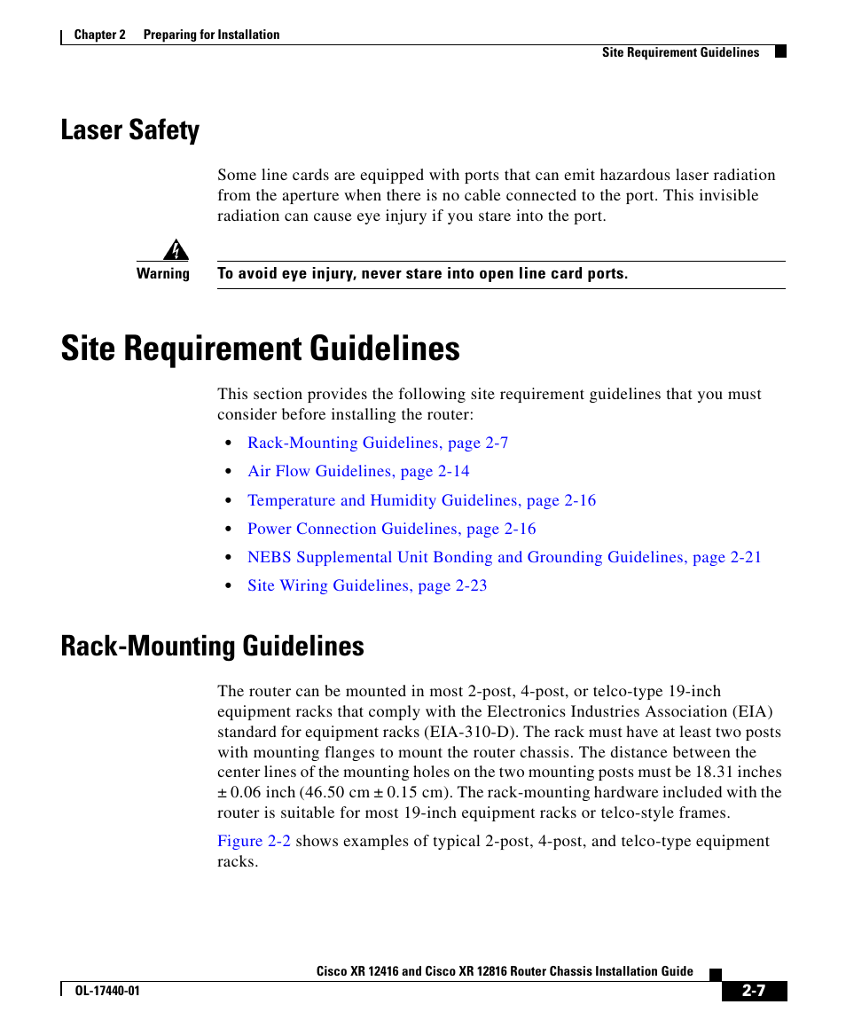 Laser safety, Site requirement guidelines, Rack-mounting guidelines | Cisco XR 12416 User Manual | Page 7 / 34