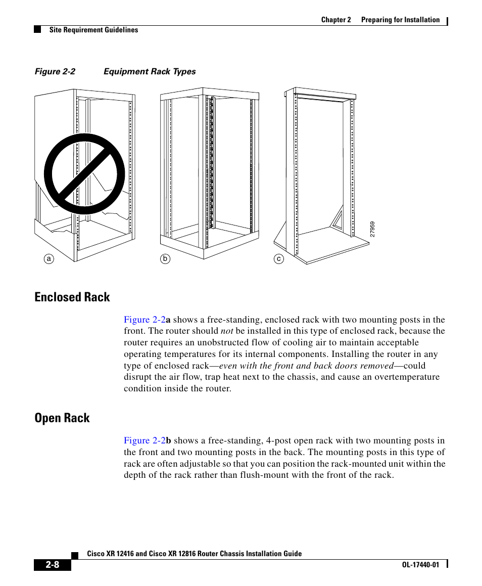 Enclosed rack, Open rack, Figure 2-2 | Cisco XR 12416 User Manual | Page 8 / 34