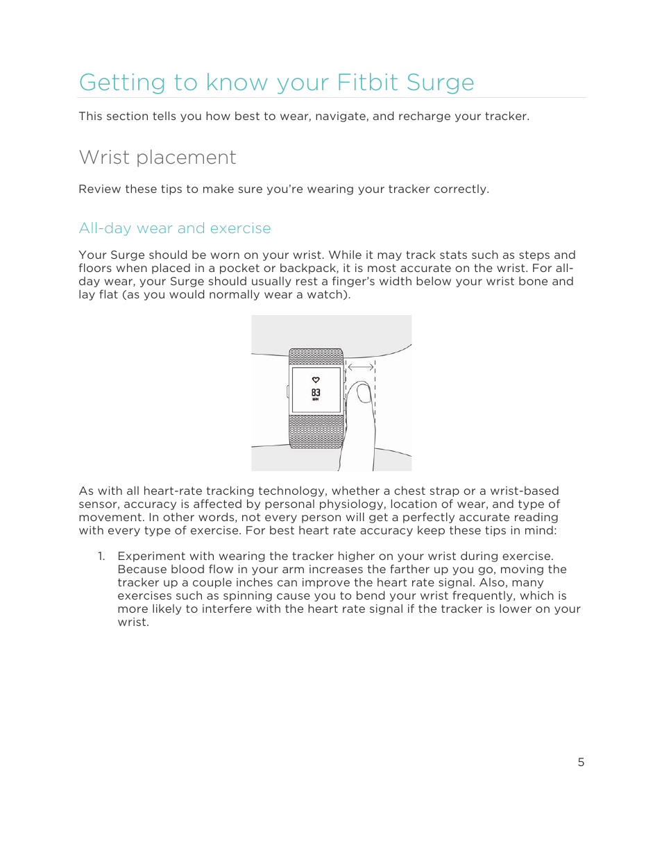 Wrist placement, All-day wear and exercise, Getting to know your fitbit surge | Fitbit Surge User Manual | Page 10 / 48