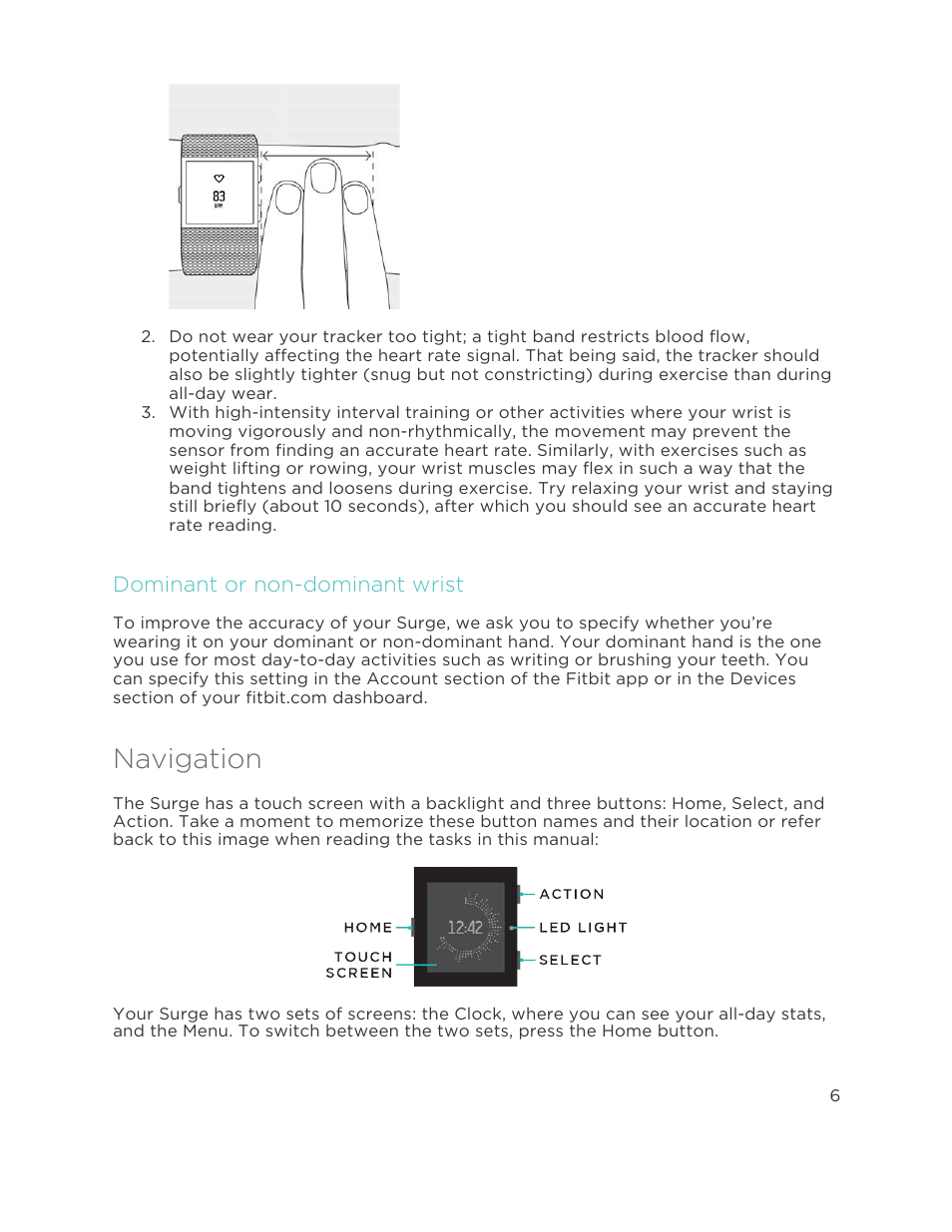 Dominant or non-dominant wrist, Navigation | Fitbit Surge User Manual | Page 11 / 48