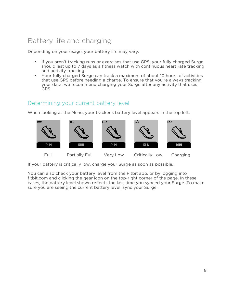 Battery life and charging, Determining your current battery level | Fitbit Surge User Manual | Page 13 / 48