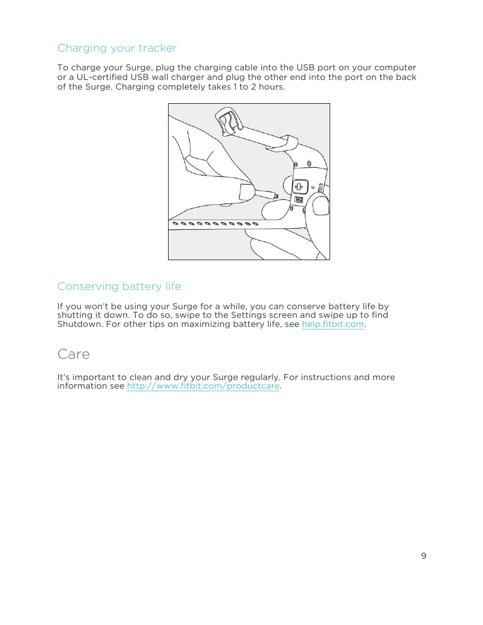 Charging your tracker, Conserving battery life, Care | Fitbit Surge User Manual | Page 14 / 48