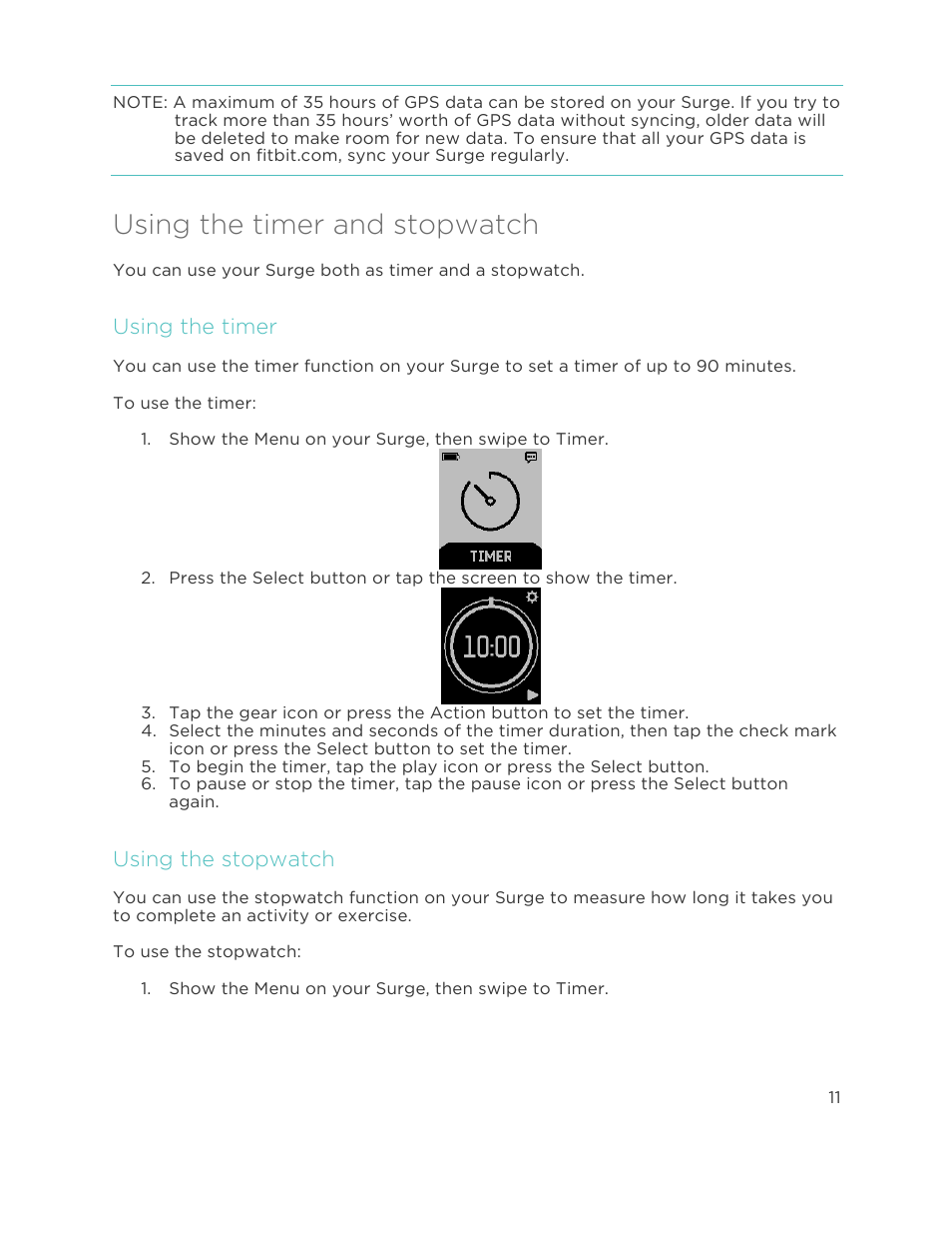 Using the timer and stopwatch, Using the timer, Using the stopwatch | Fitbit Surge User Manual | Page 16 / 48