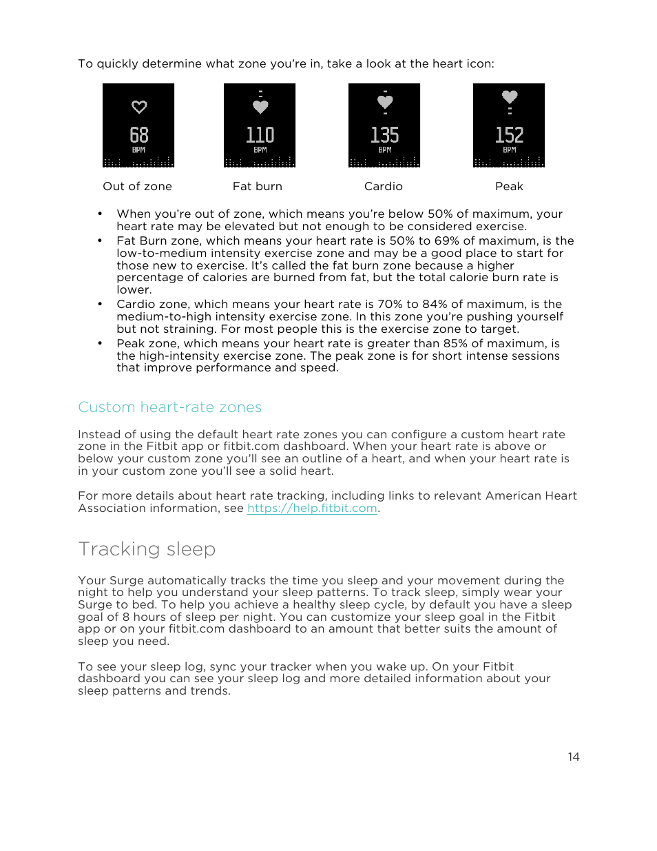 Tracking sleep, Custom heart-rate zones | Fitbit Surge User Manual | Page 19 / 48