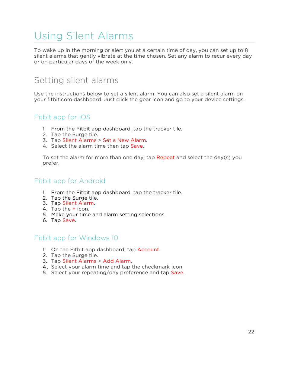U s i n g s i l e n t a l a r m s 2, Setting silent alarms, Using silent alarms | Fitbit app for ios, Fitbit app for android, Fitbit app for windows 10 | Fitbit Surge User Manual | Page 27 / 48