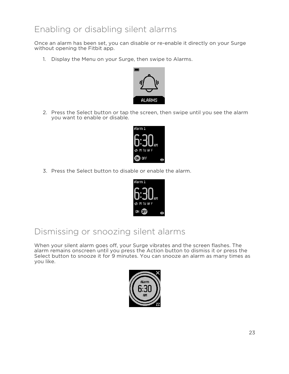 Enabling or disabling silent alarms, Dismissing or snoozing silent alarms | Fitbit Surge User Manual | Page 28 / 48