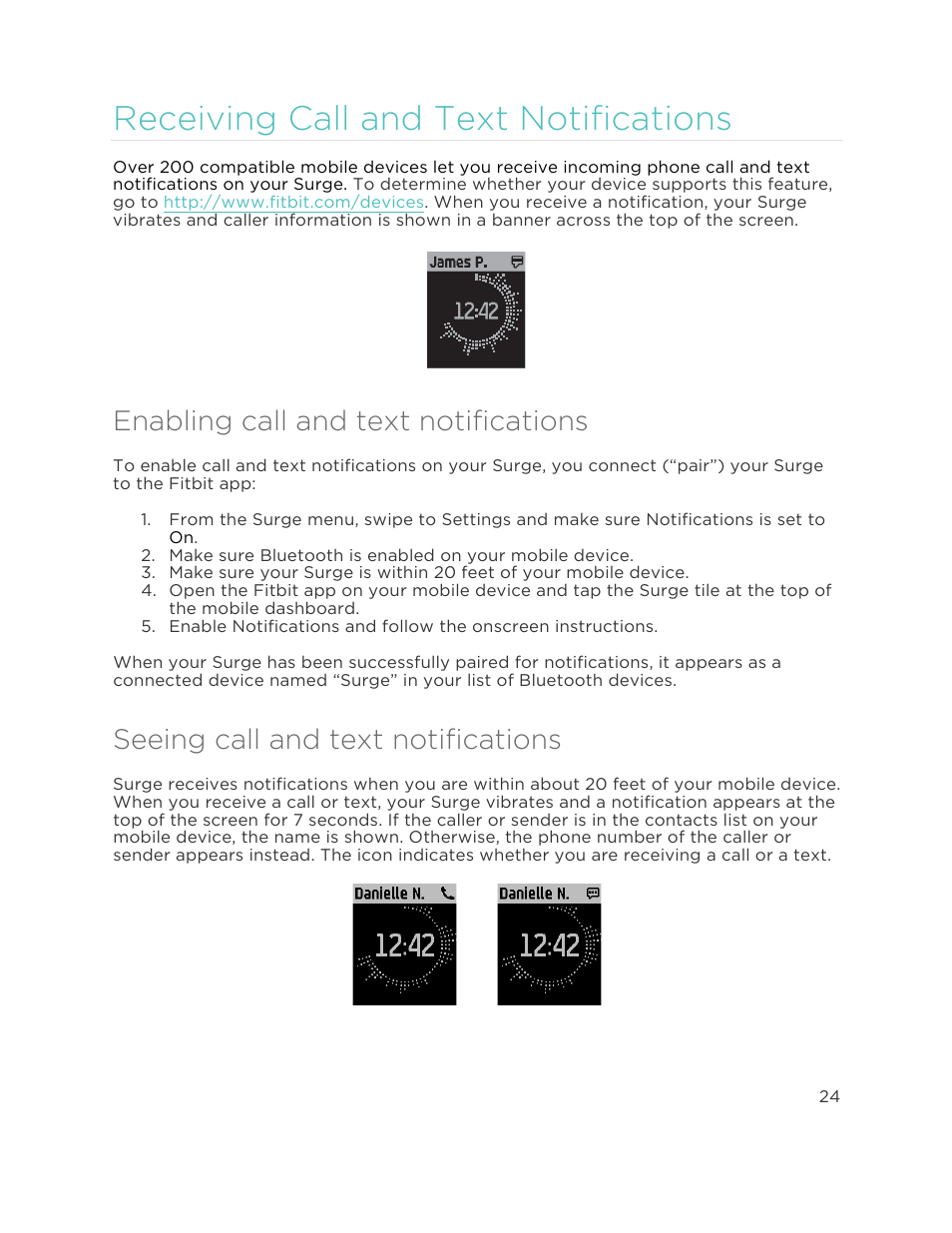 Enabling call and text notifications, Seeing call and text notifications, Receiving call and text notifications | Fitbit Surge User Manual | Page 29 / 48