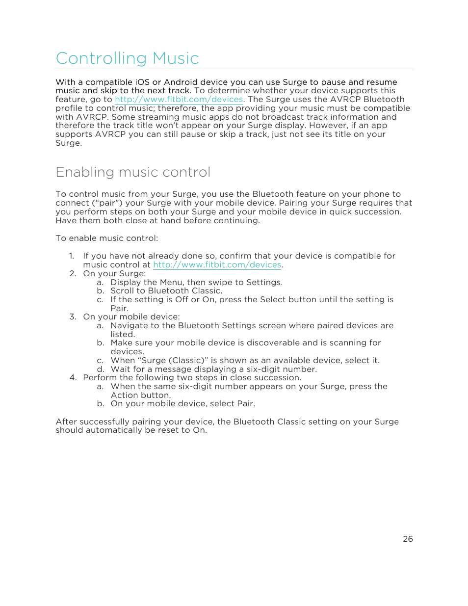 C o n t r o l l i n g m u s i c 6, Enabling music control, Controlling music | Fitbit Surge User Manual | Page 31 / 48