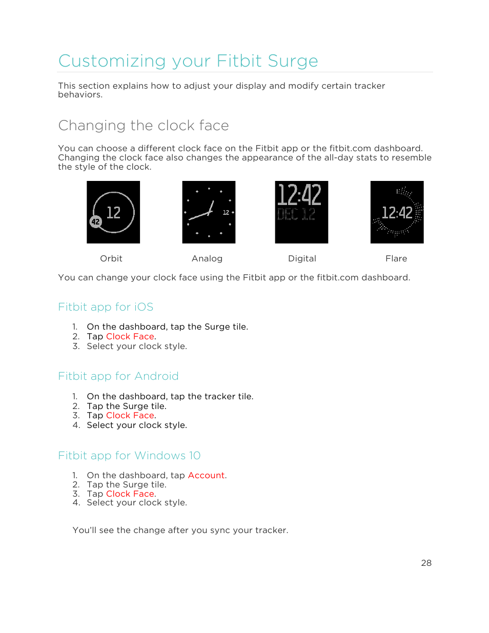 Changing the clock face, Customizing your fitbit surge, Fitbit app for ios | Fitbit app for android, Fitbit app for windows 10 | Fitbit Surge User Manual | Page 33 / 48