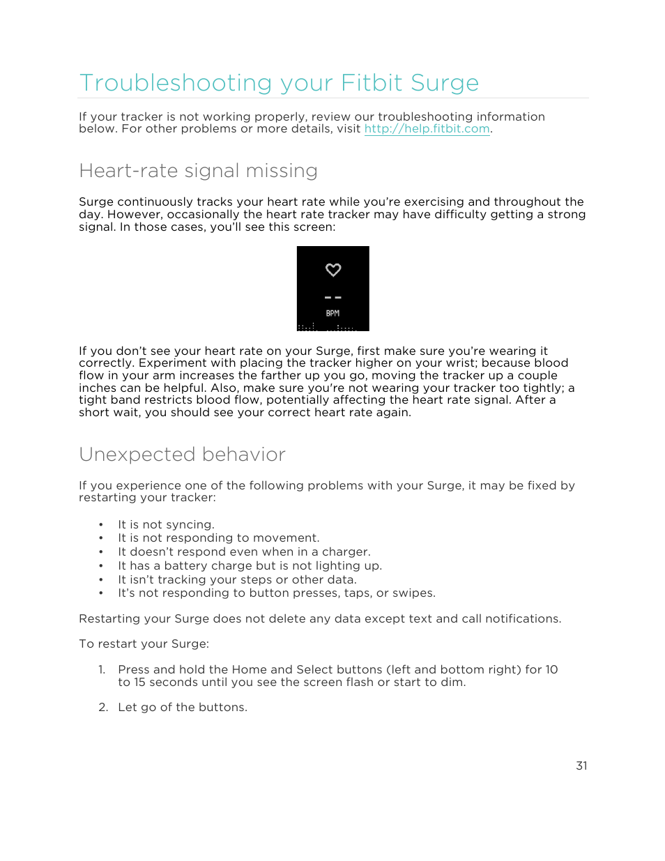 Heart-rate signal missing, Unexpected behavior, Troubleshooting your fitbit surge | Fitbit Surge User Manual | Page 36 / 48