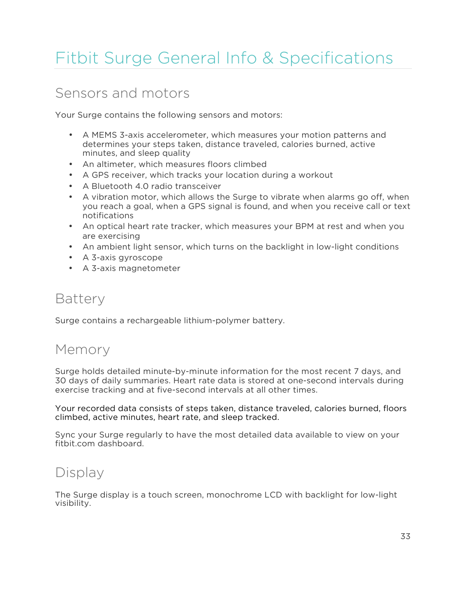 Sensors and motors, Battery, Memory | Display, Fitbit surge general info & specifications | Fitbit Surge User Manual | Page 38 / 48