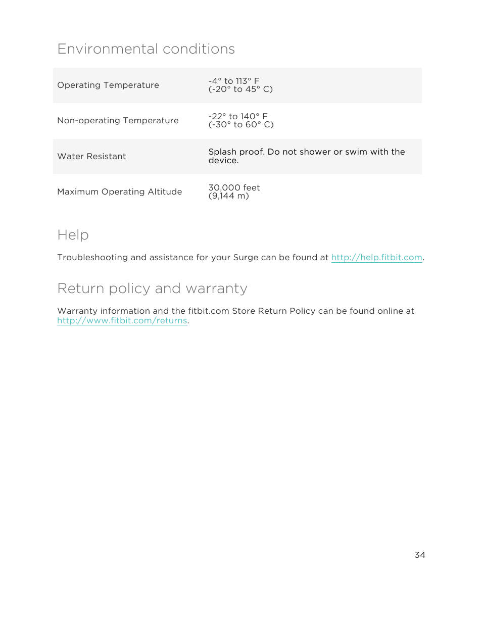 Environmental conditions, Help, Return policy and warranty | Fitbit Surge User Manual | Page 39 / 48