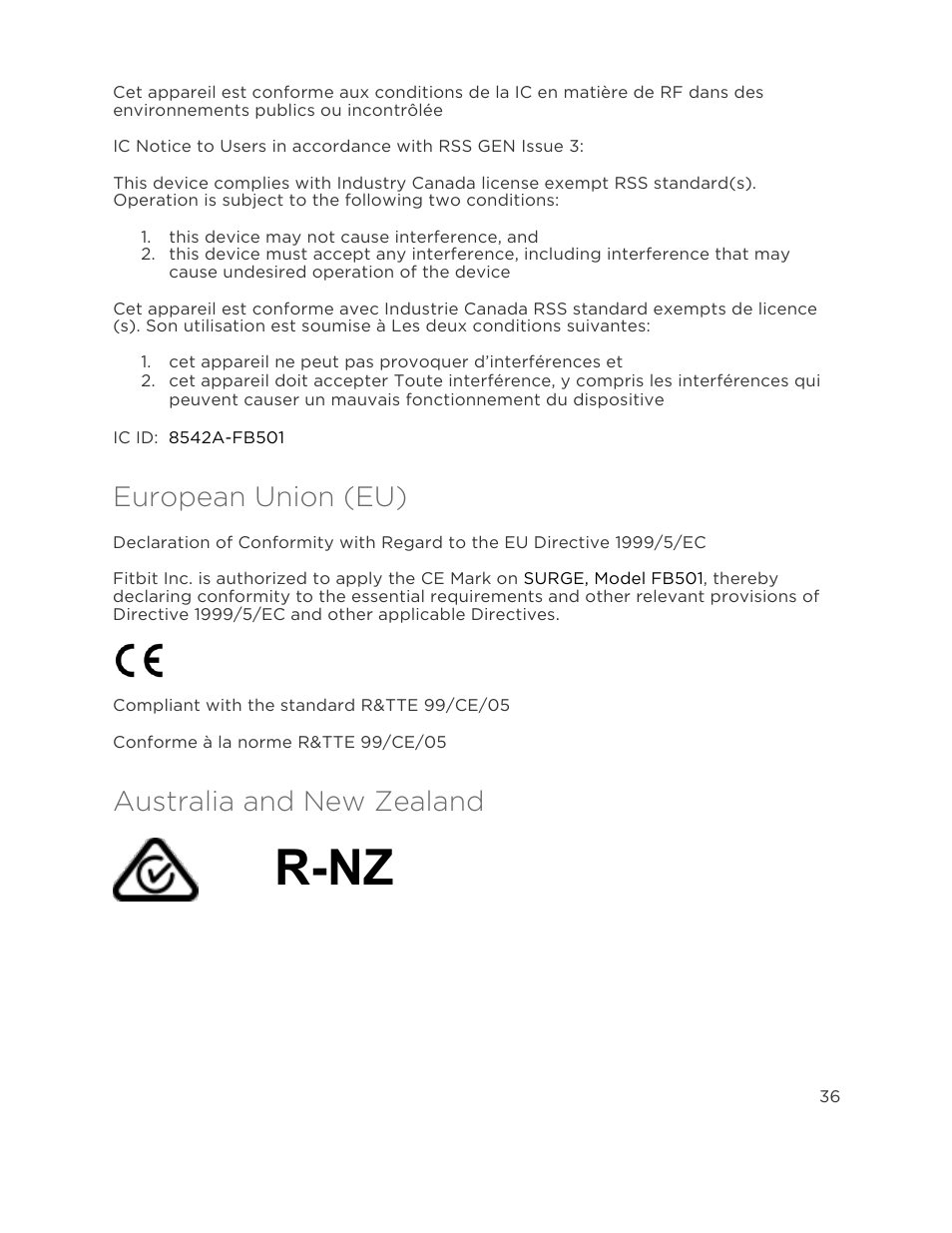 European union (eu), Australia and new zealand, R-nz | Fitbit Surge User Manual | Page 41 / 48