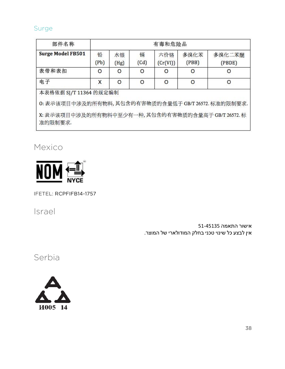 Mexico, Israel, Serbia | Fitbit Surge User Manual | Page 43 / 48