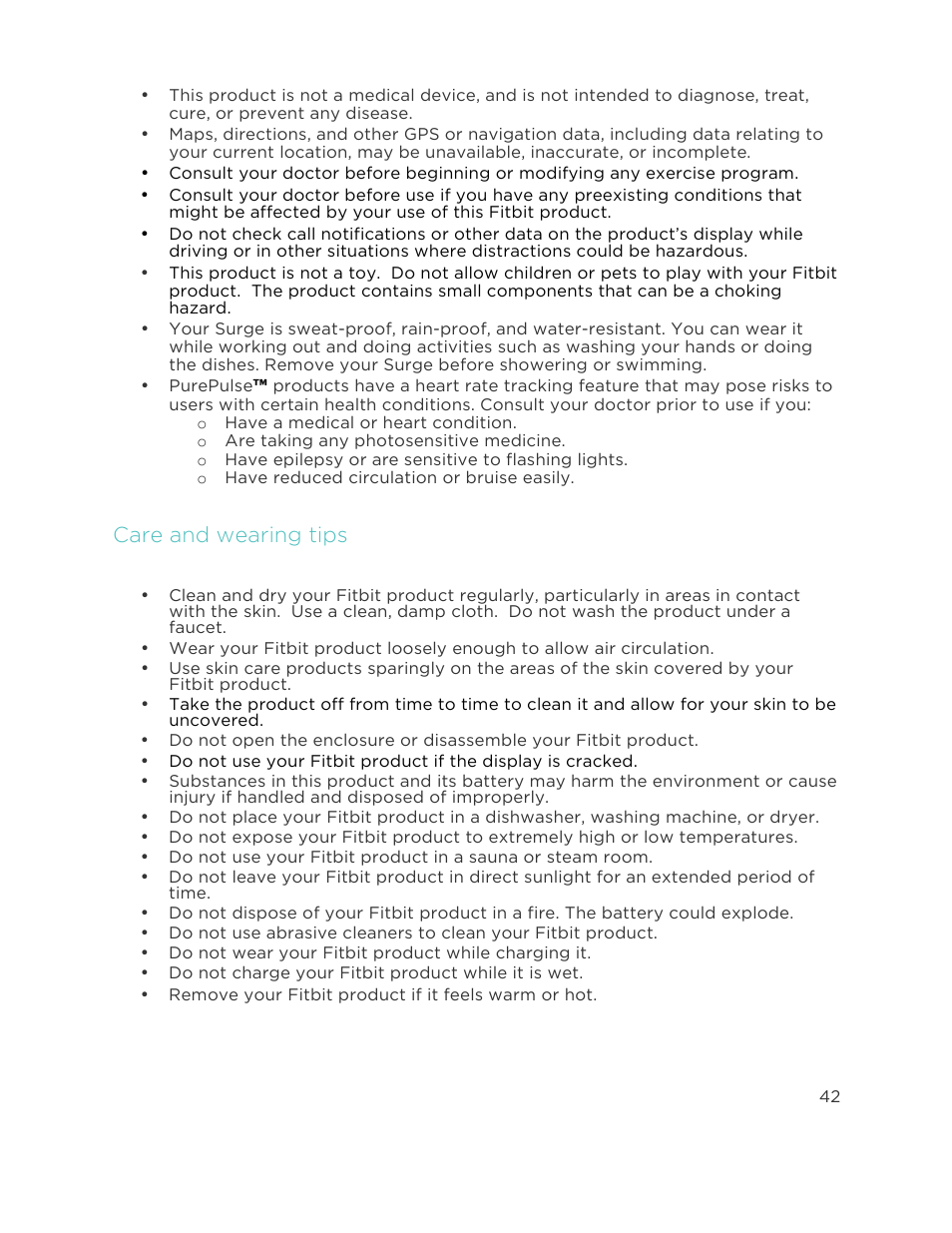 Care and wearing tips | Fitbit Surge User Manual | Page 47 / 48