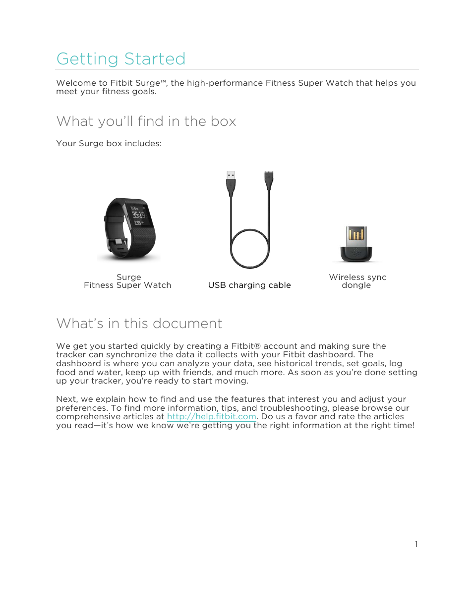 G e t t i n g s t a r t e d, What you’ll find in the box, What’s in this document | Getting started | Fitbit Surge User Manual | Page 6 / 48