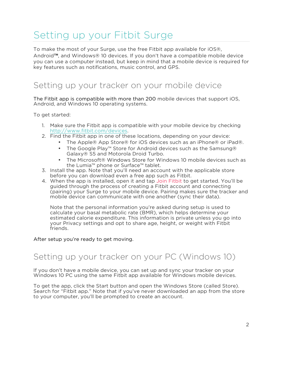 S e t t i n g u p y o u r f i t b i t s u r g e, Setting up your tracker on your mobile device, Setting up your tracker on your pc (windows 10) | Setting up your fitbit surge | Fitbit Surge User Manual | Page 7 / 48