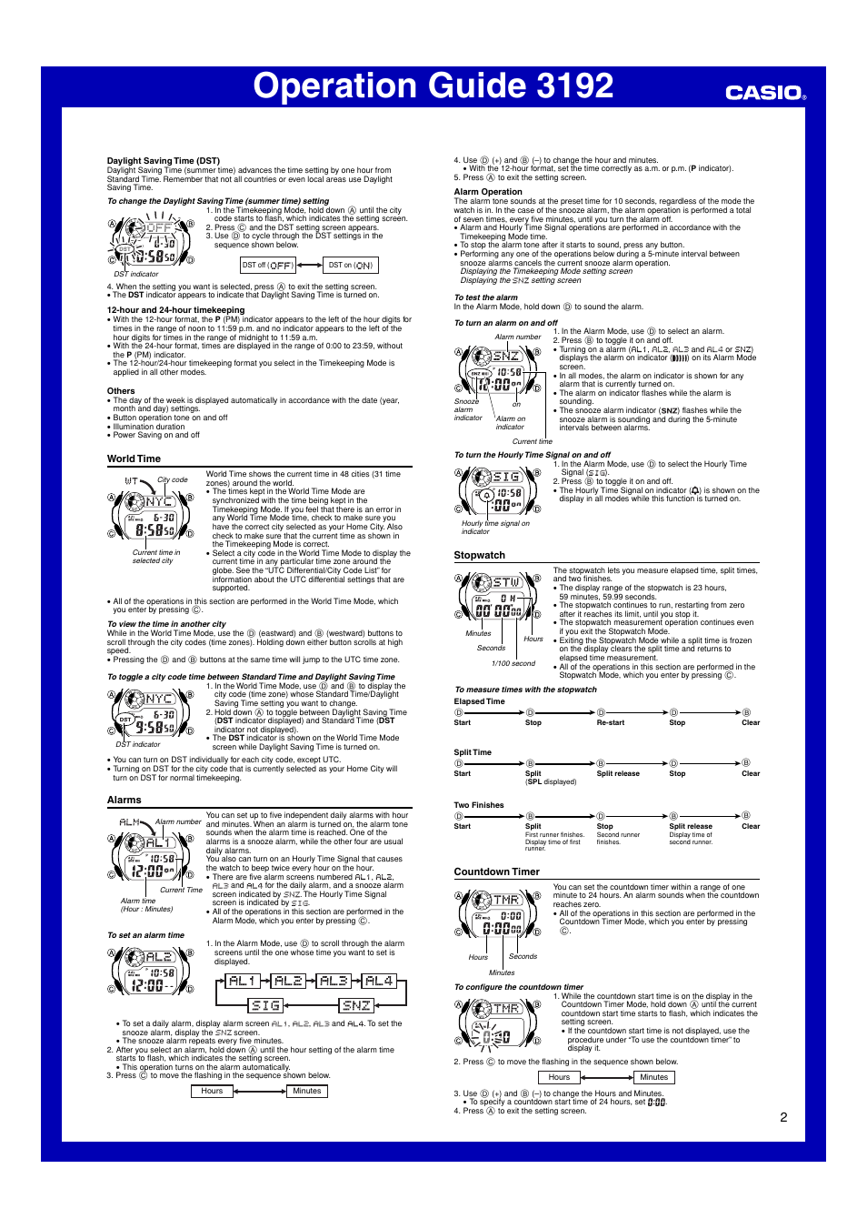 World time, Alarms, Stopwatch | Countdown timer, Operation guide 3192, L l l ll ll ll ll l l, Ll lll ll ll | G-Shock G-2300EB-7 User Manual | Page 2 / 4