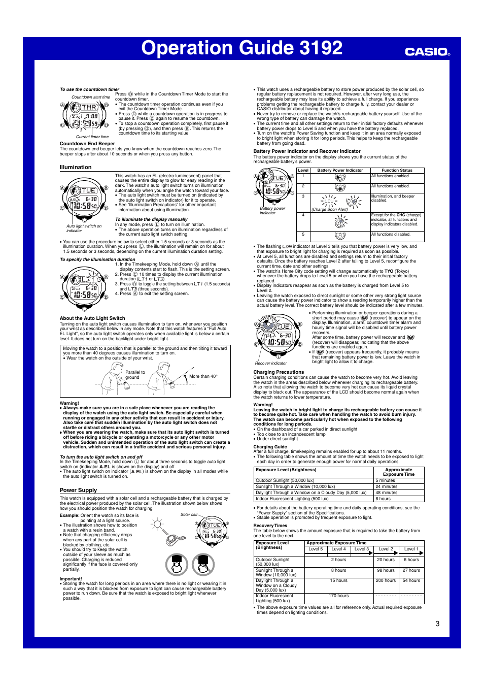 Illumination, Power supply, Operation guide 3192 | G-Shock G-2300EB-7 User Manual | Page 3 / 4