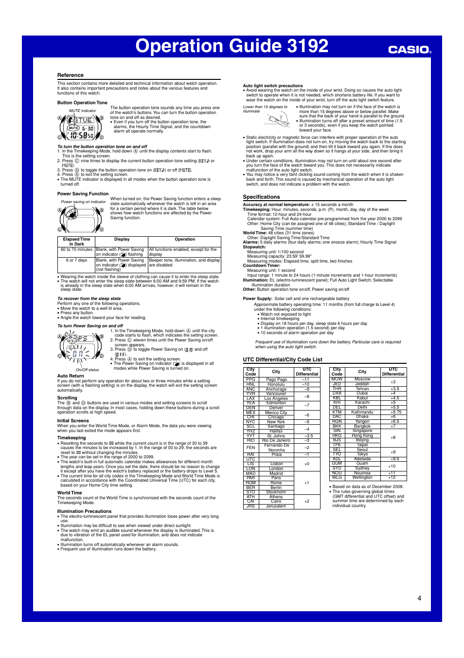 Reference, Specifications, Utc differential/city code list | Operation guide 3192, L ll ll ll ll ll l l l | G-Shock G-2300EB-7 User Manual | Page 4 / 4