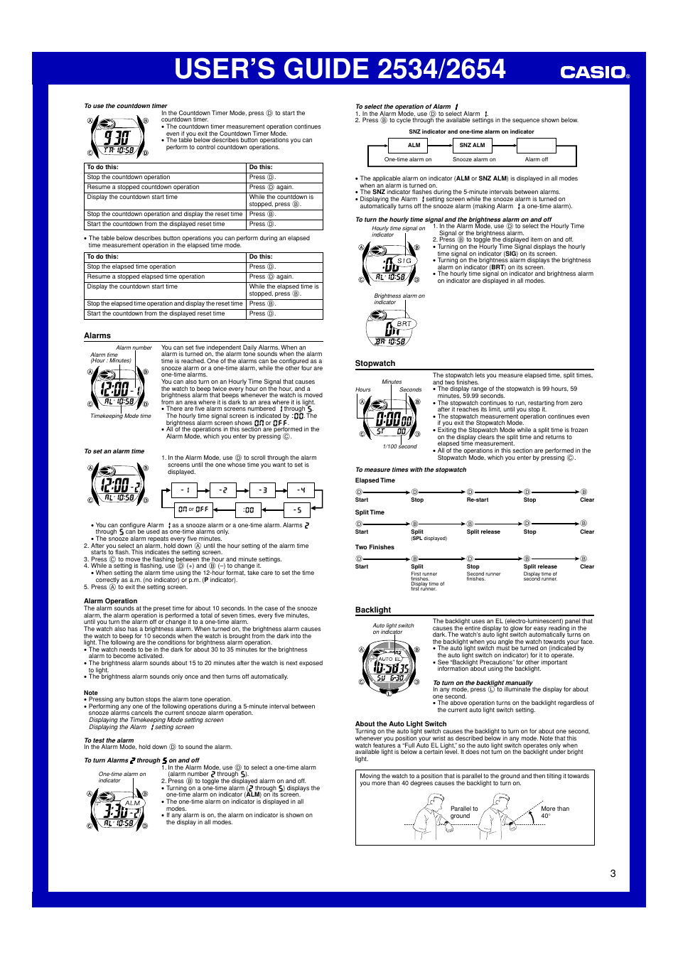 Alarms, Stopwatch, Backlight | G-Shock G-2800-1 User Manual | Page 3 / 5