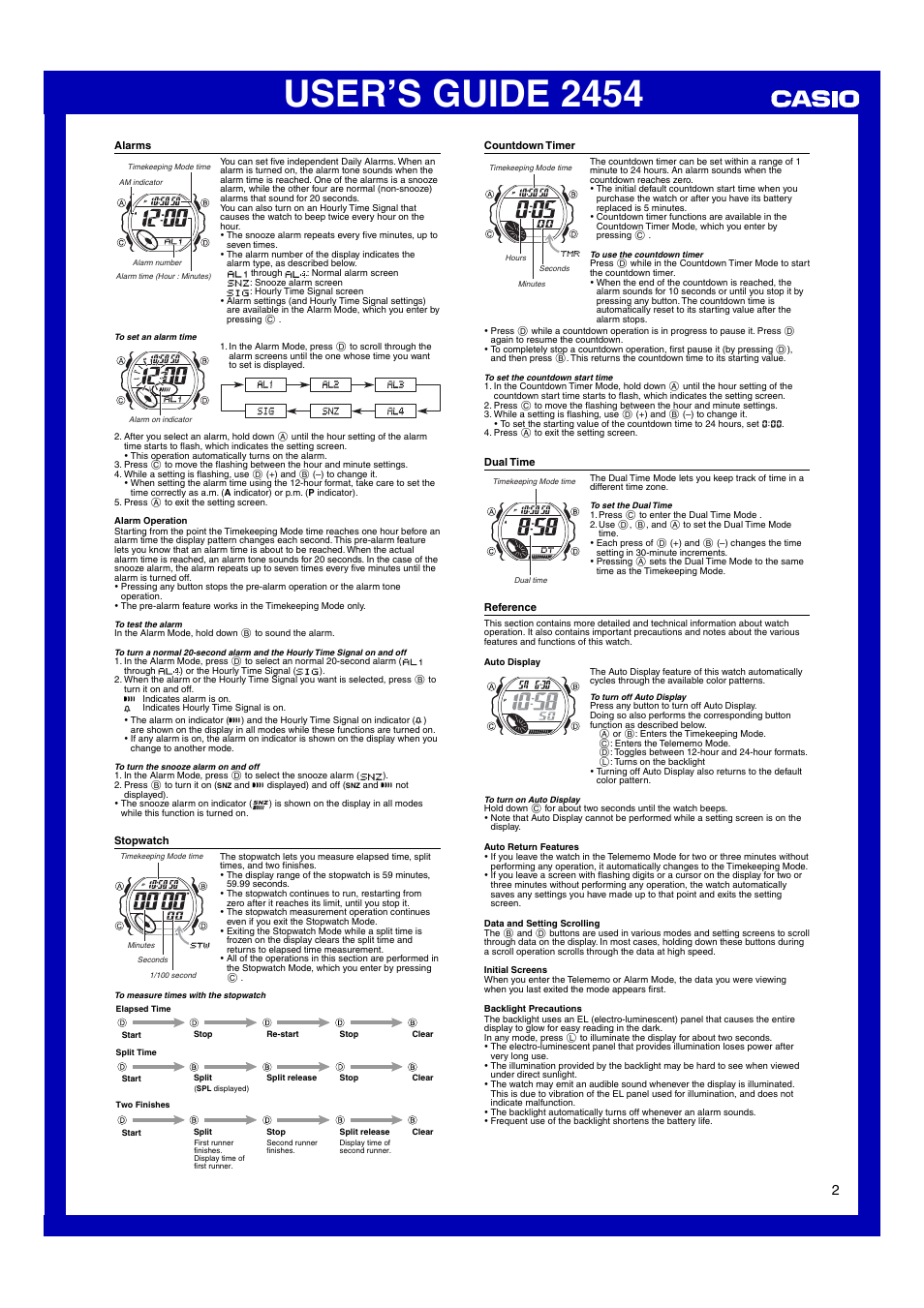 Alarms, Stopwatch, Countdown timer | Dual time, Reference, User’s guide 2454 | G-Shock G-3001M-8 User Manual | Page 2 / 2