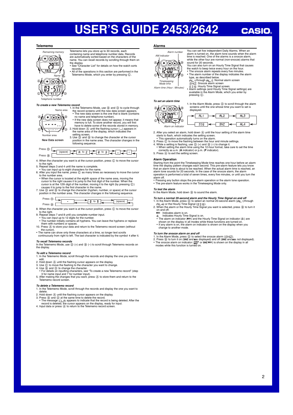 Telememo, Alarms | G-Shock G-3010-1V User Manual | Page 2 / 3