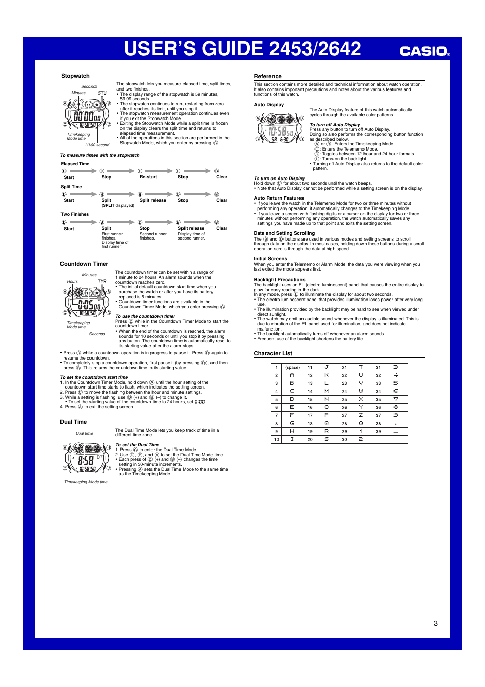 Stopwatch, Countdown timer, Dual time | Reference, Character list | G-Shock G-3010-1V User Manual | Page 3 / 3