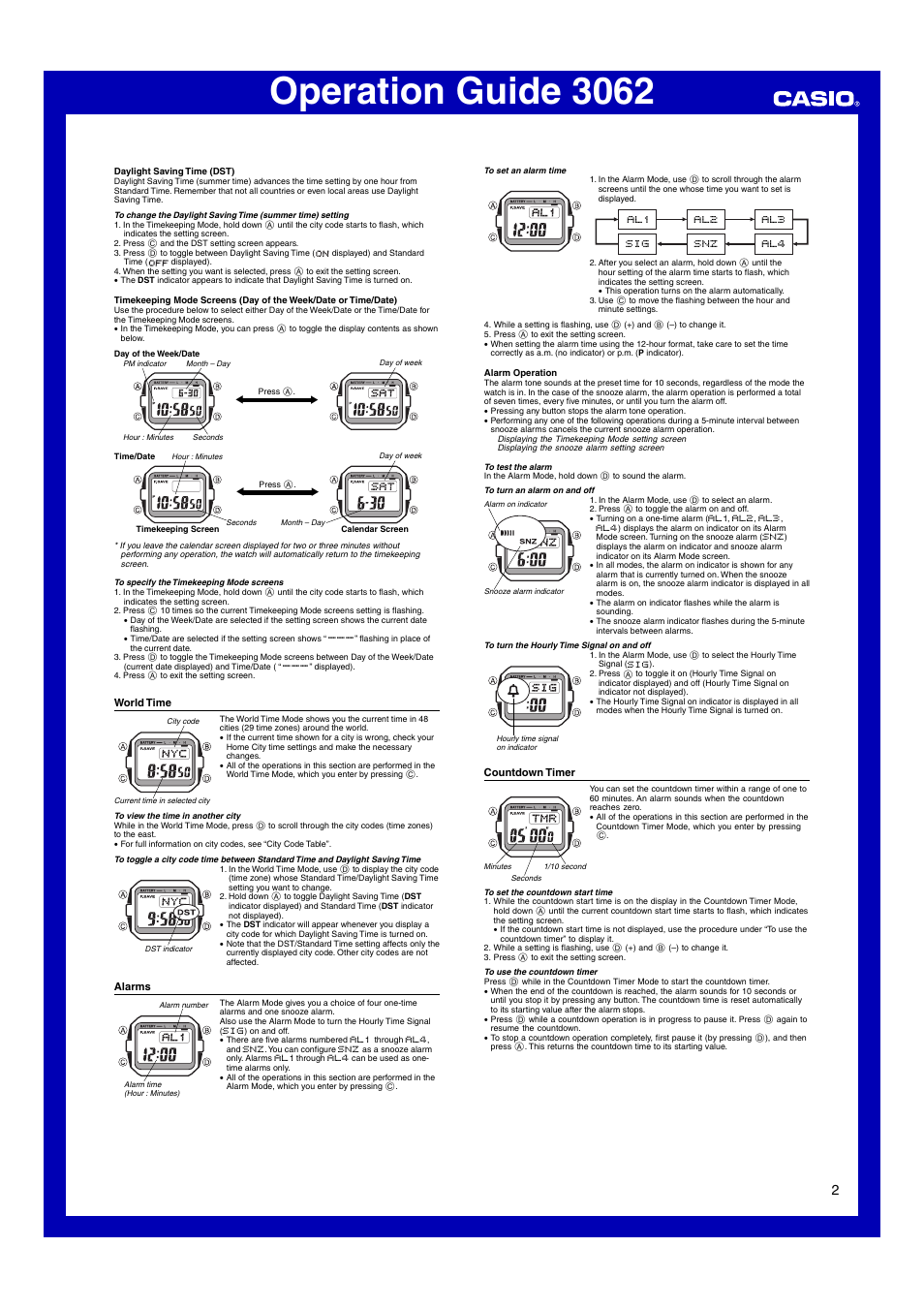 World time, Alarms, Countdown timer | Operation guide 3062 | G-Shock G-5500-1 User Manual | Page 2 / 4