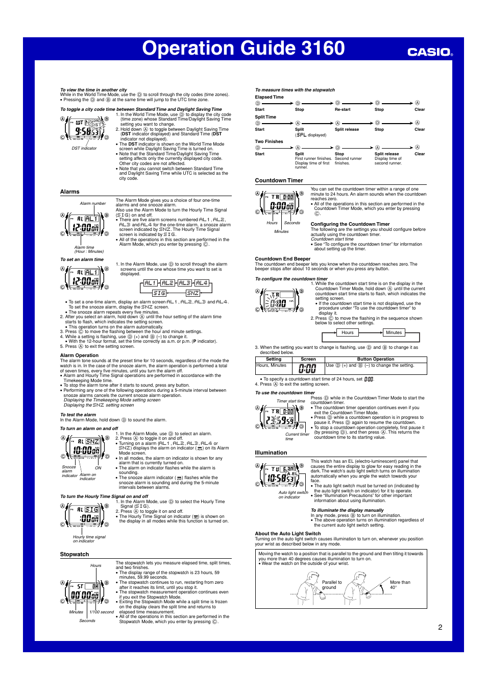 Alarms, Stopwatch, Countdown timer | Illumination, Operation guide 3160 | G-Shock G-5500SRF-1 User Manual | Page 2 / 4