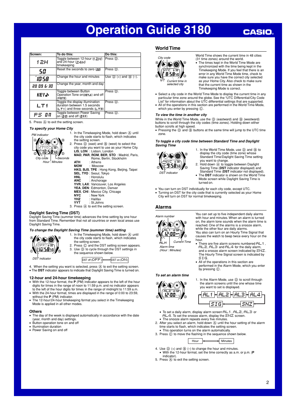 World time, Alarms, Operation guide 3180 | G-Shock G-6900A-7DR User Manual | Page 2 / 6